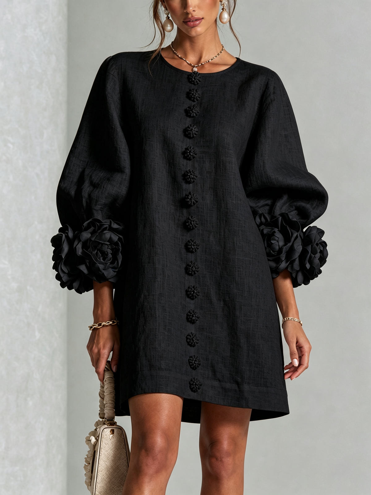 Aurora | Floral-cuff button mini dress 4