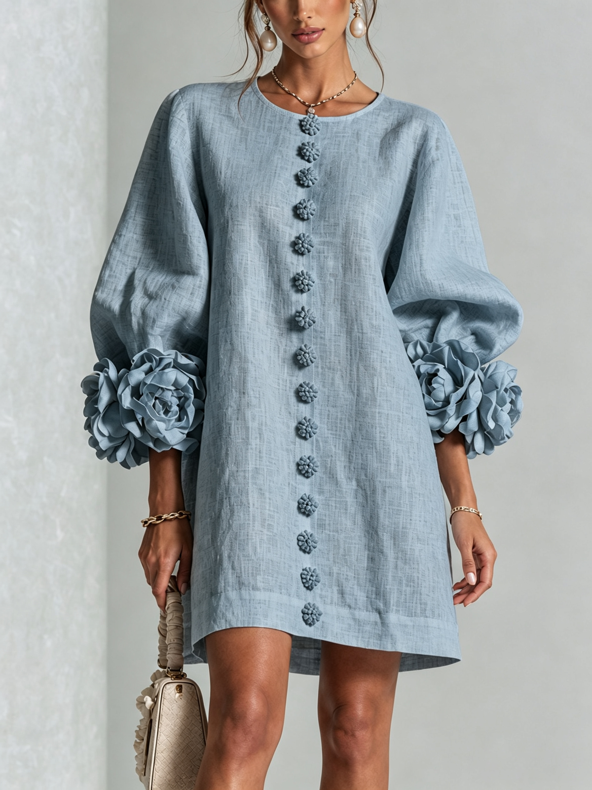 Aurora | Floral-cuff button mini dress 10