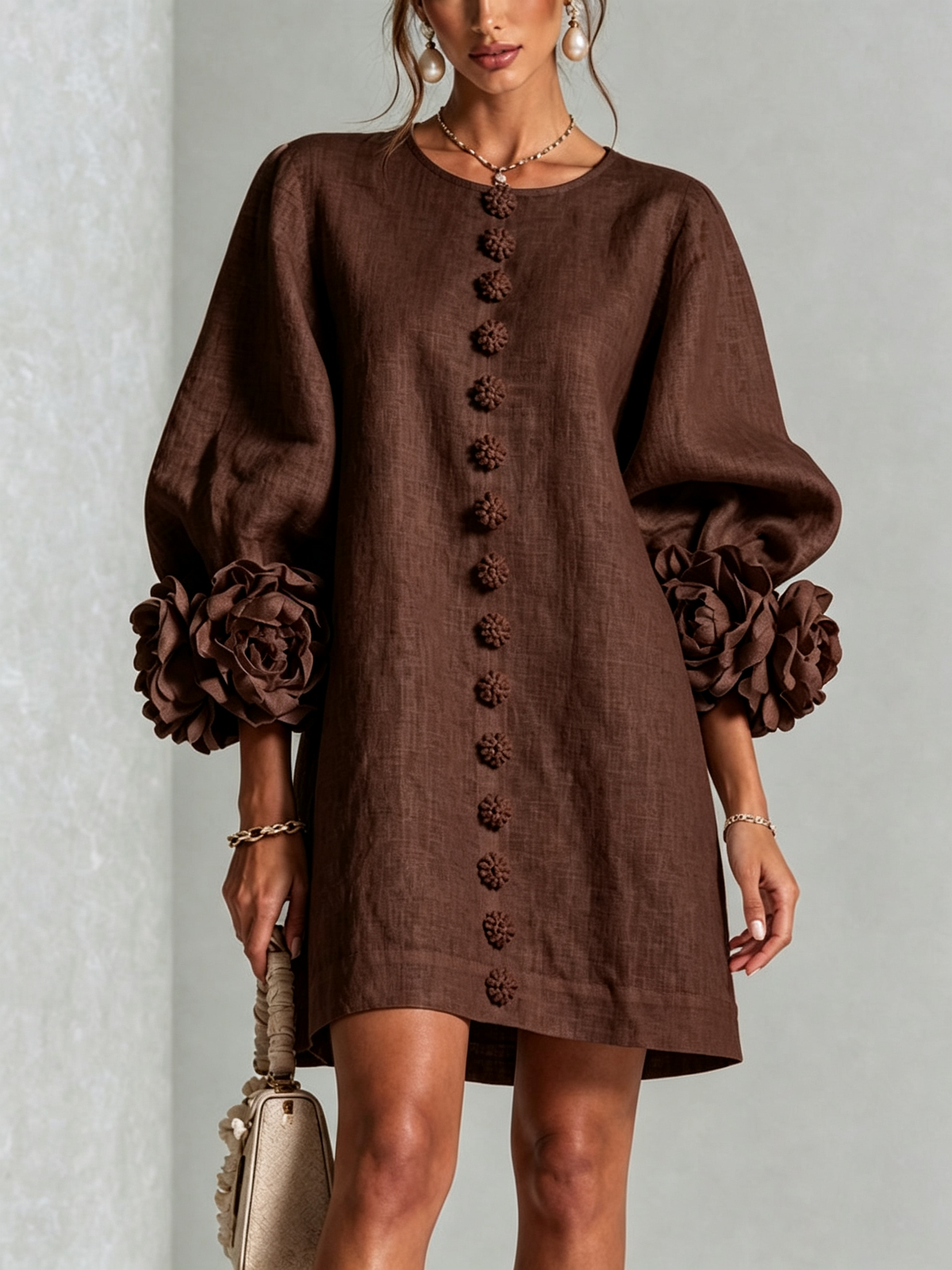 Aurora | Floral-cuff button mini dress 7