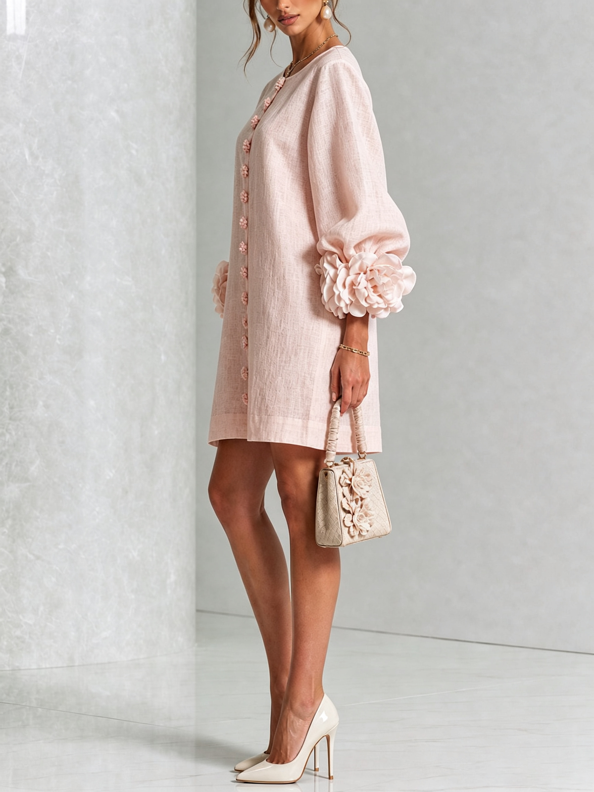 Aurora | Floral-cuff button mini dress 17