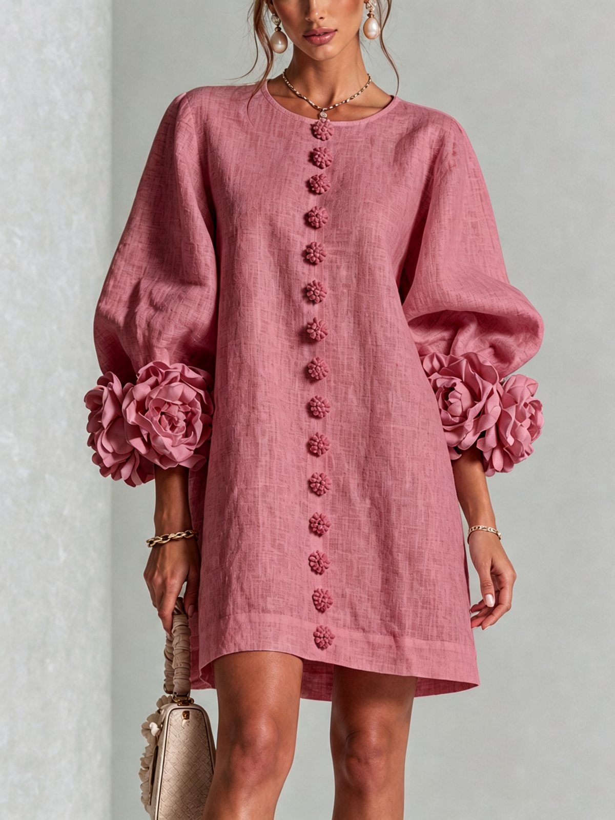 Aurora | Floral-cuff button mini dress 11
