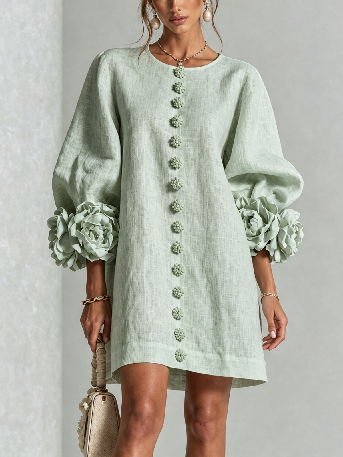 Aurora | Floral-cuff button mini dress 8
