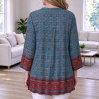 Cordelia | Teal boho geometric print pleated V-neck top 2