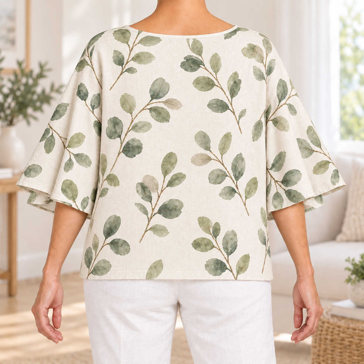 Miriam | Botanical leaf print blouse ivory flutter sleeve 3