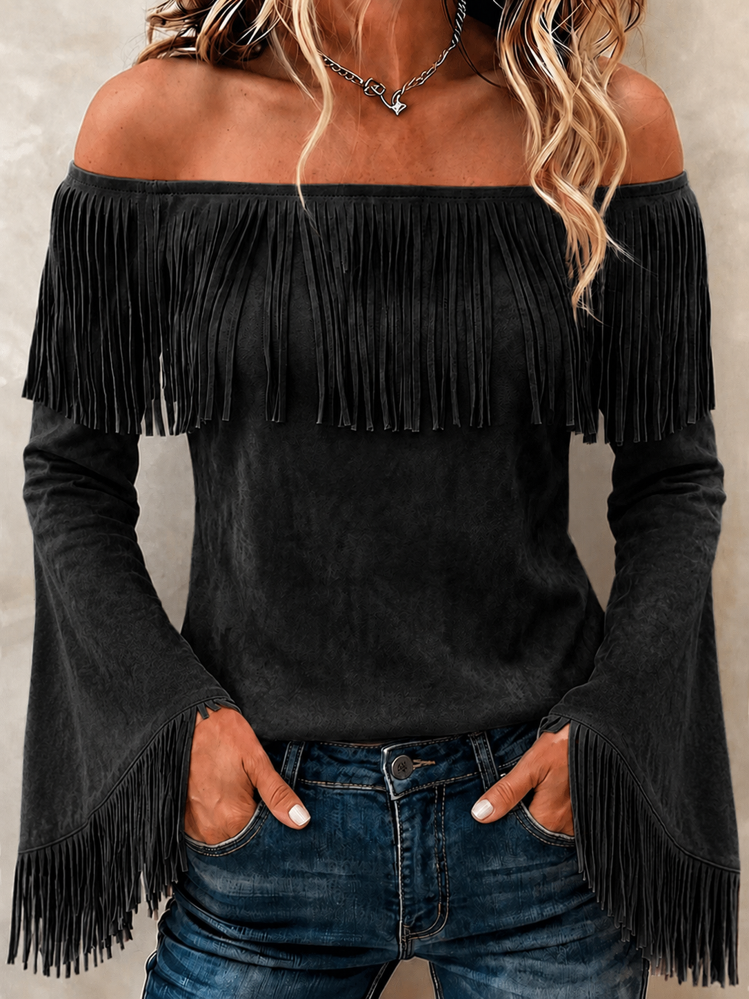 Olivia | Solid colour multi-colour retro suede trumpet sleeve top 3