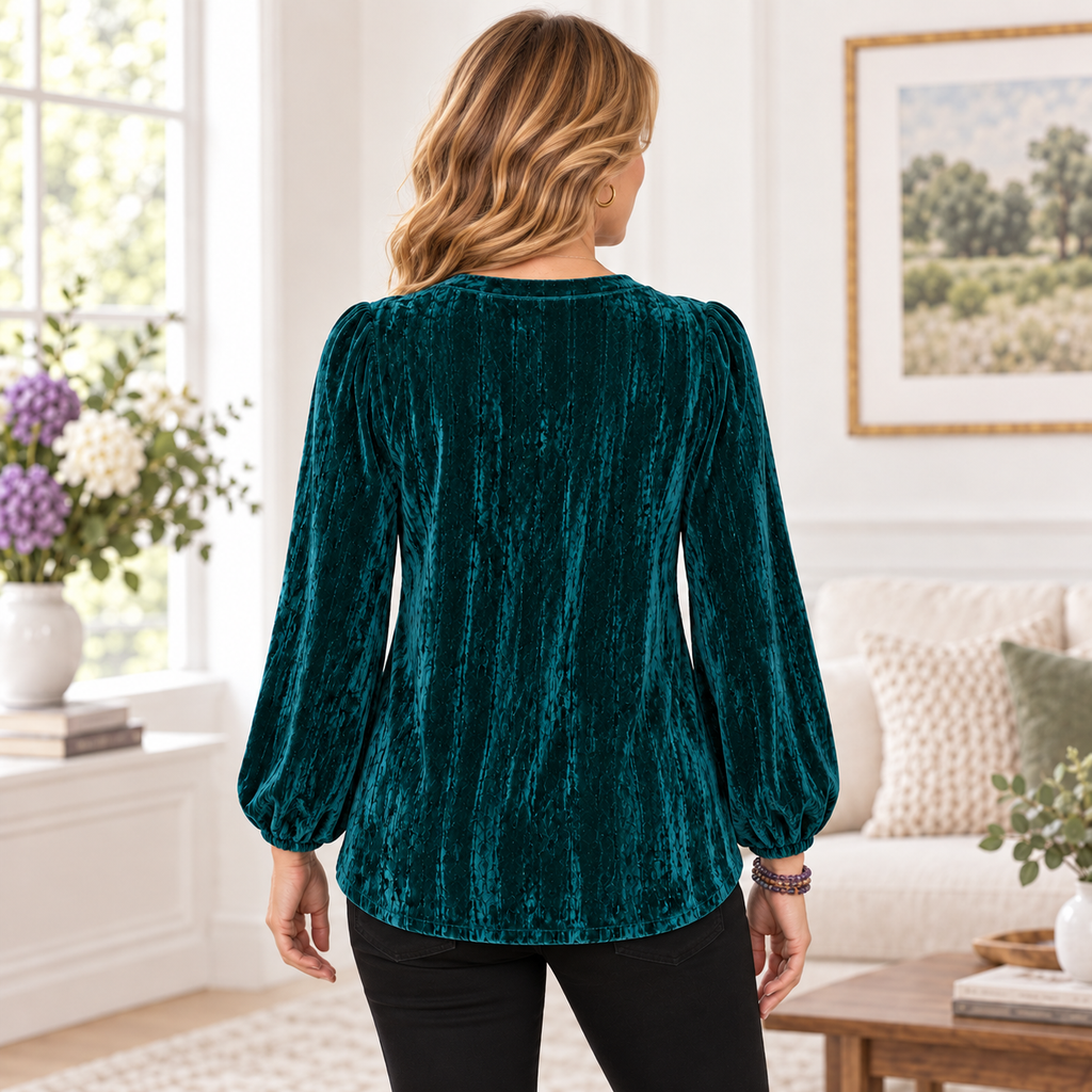 Cora | Floral embroidered velvet blouse teal 3