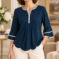 Gina | Navy split neck scallop hem blouse 1