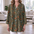 Dawn | Olive bird leaf print pleated button notch top 1