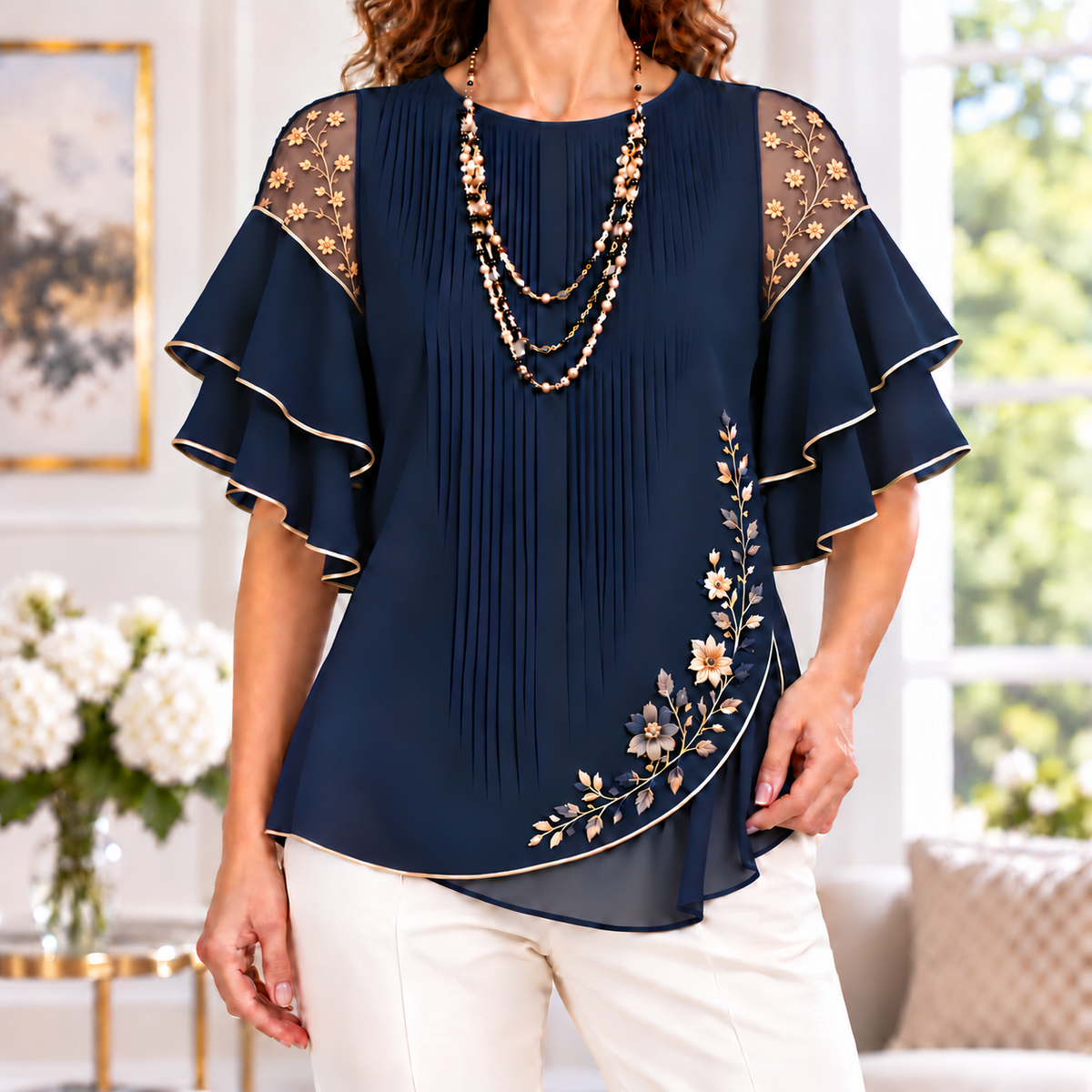 Ada | Navy embroidered blouse flutter sleeve 1