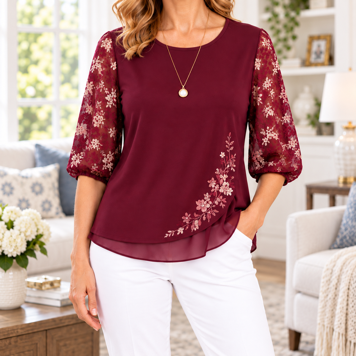 Charlotte | Burgundy embroidered blouse sheer puff sleeve 1