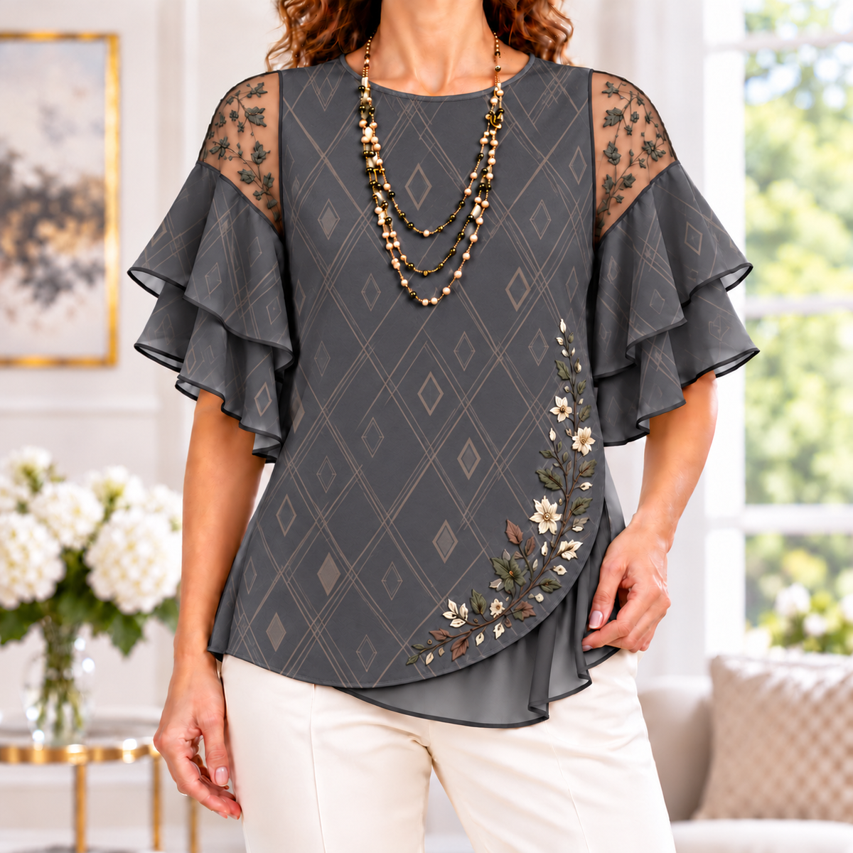 Angela | Geometric print pleated blouse 1