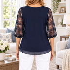 Chantal | Navy embroidered blouse sheer puff sleeve 3