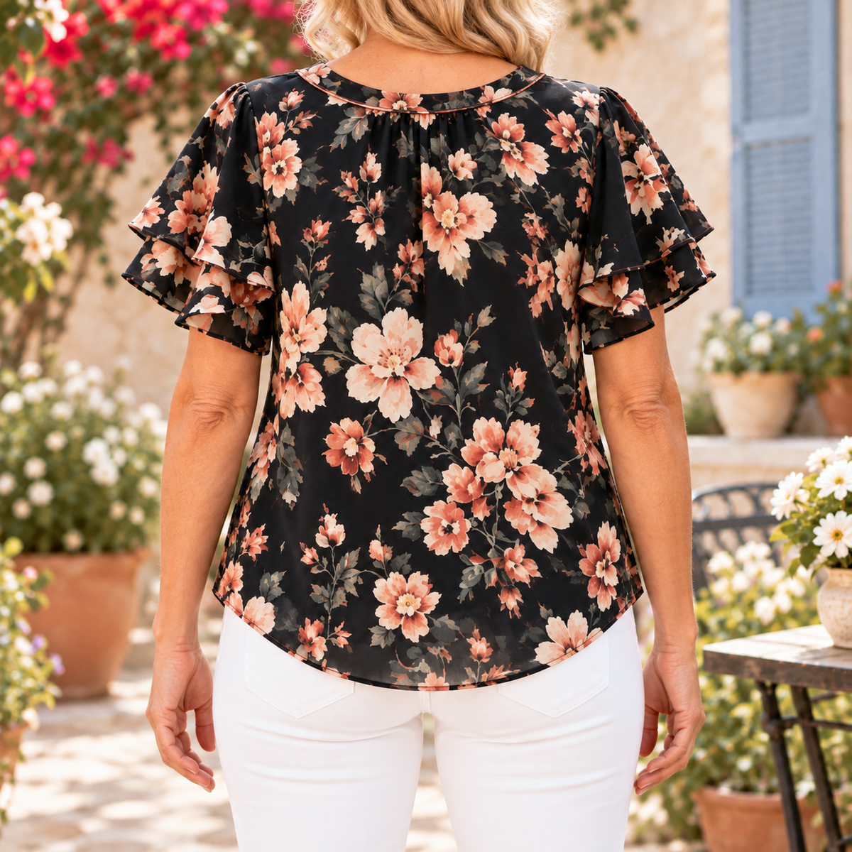 Eleanora | Romantic floral bow blouse black flutter sleeve 3