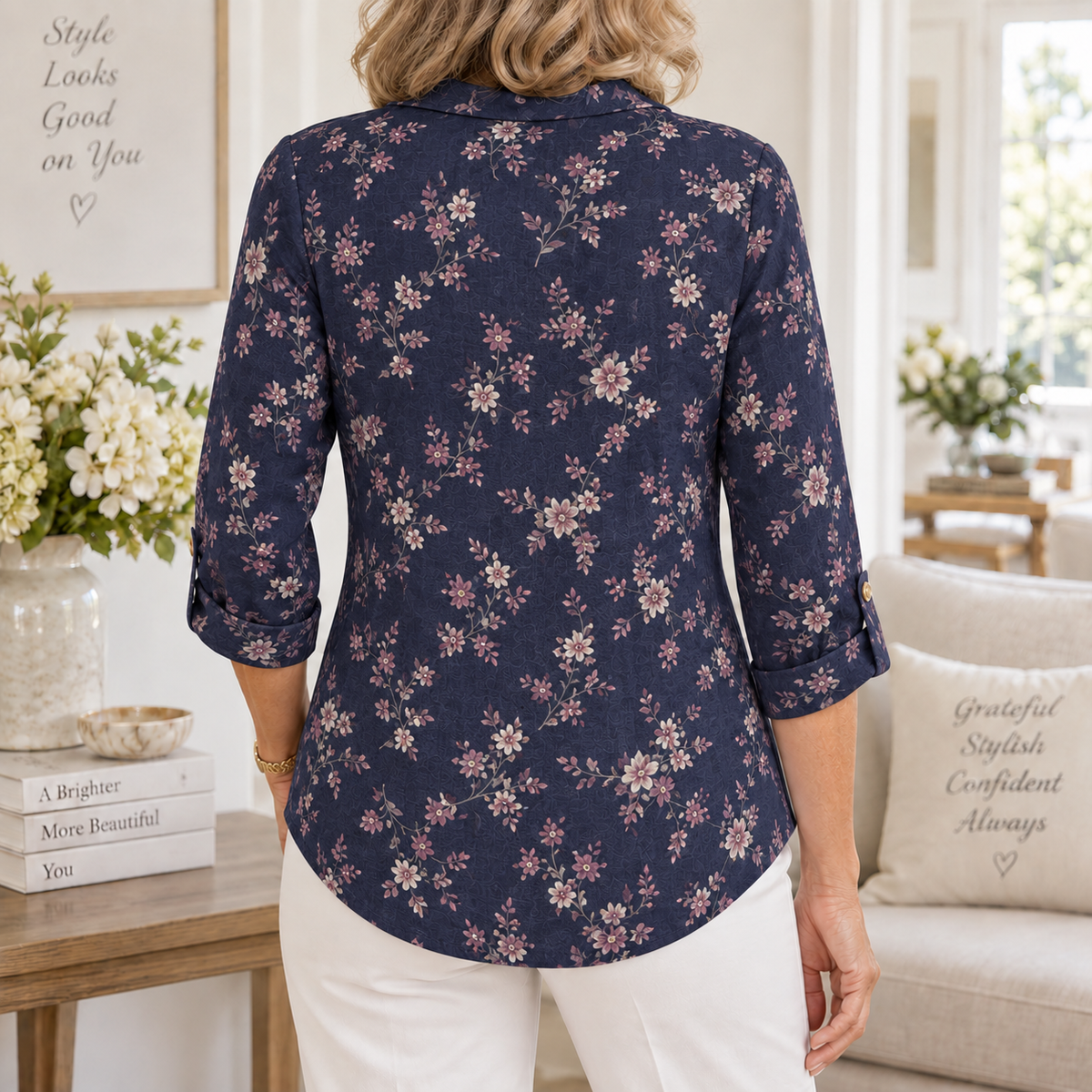 Emilia | Navy floral tunic cowl neck 3/4 sleeve 3