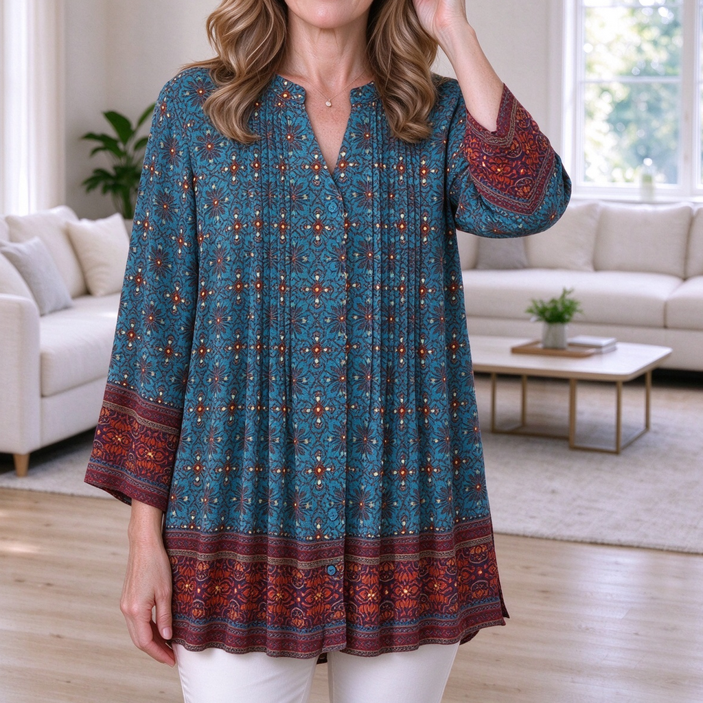 Cordelia | Teal boho geometric print pleated V-neck top 1