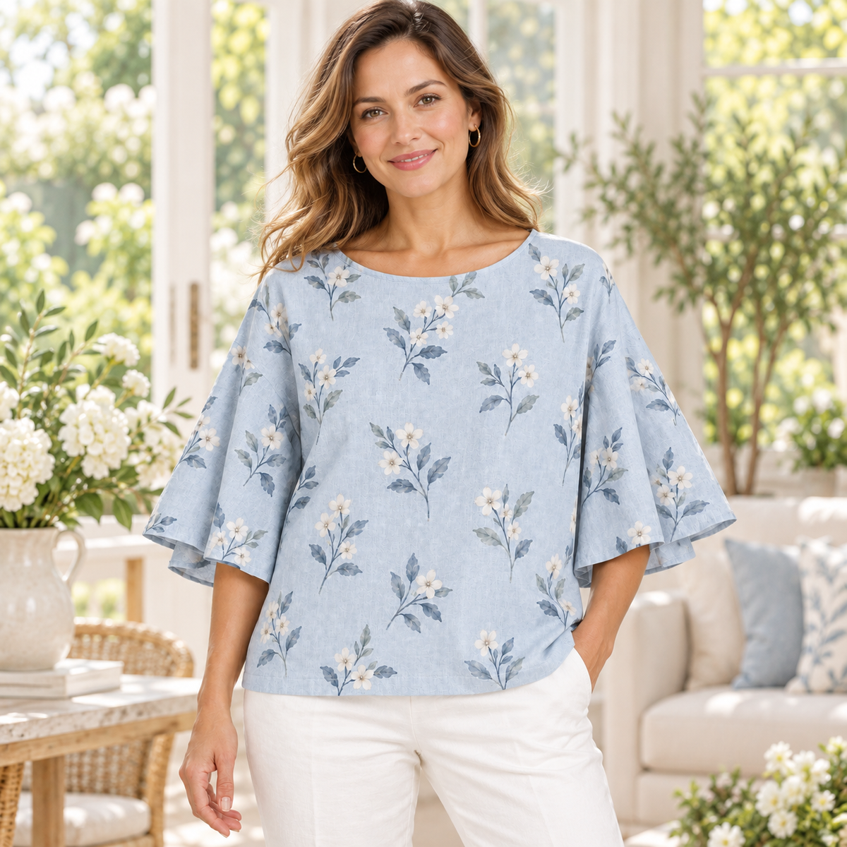 Molly | Boho floral print blouse blue flutter sleeve 2