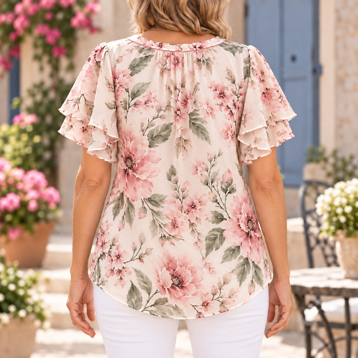 Elise | Romantic floral bow blouse flutter sleeve 3