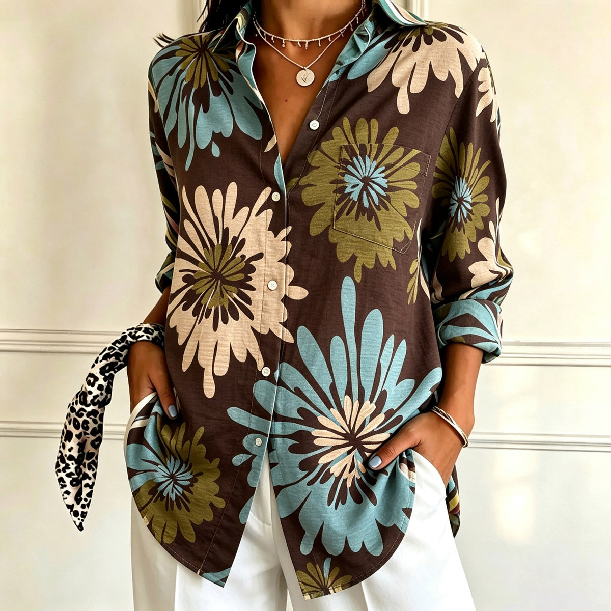 Ingrid | Brown and teal floral print shirt 1