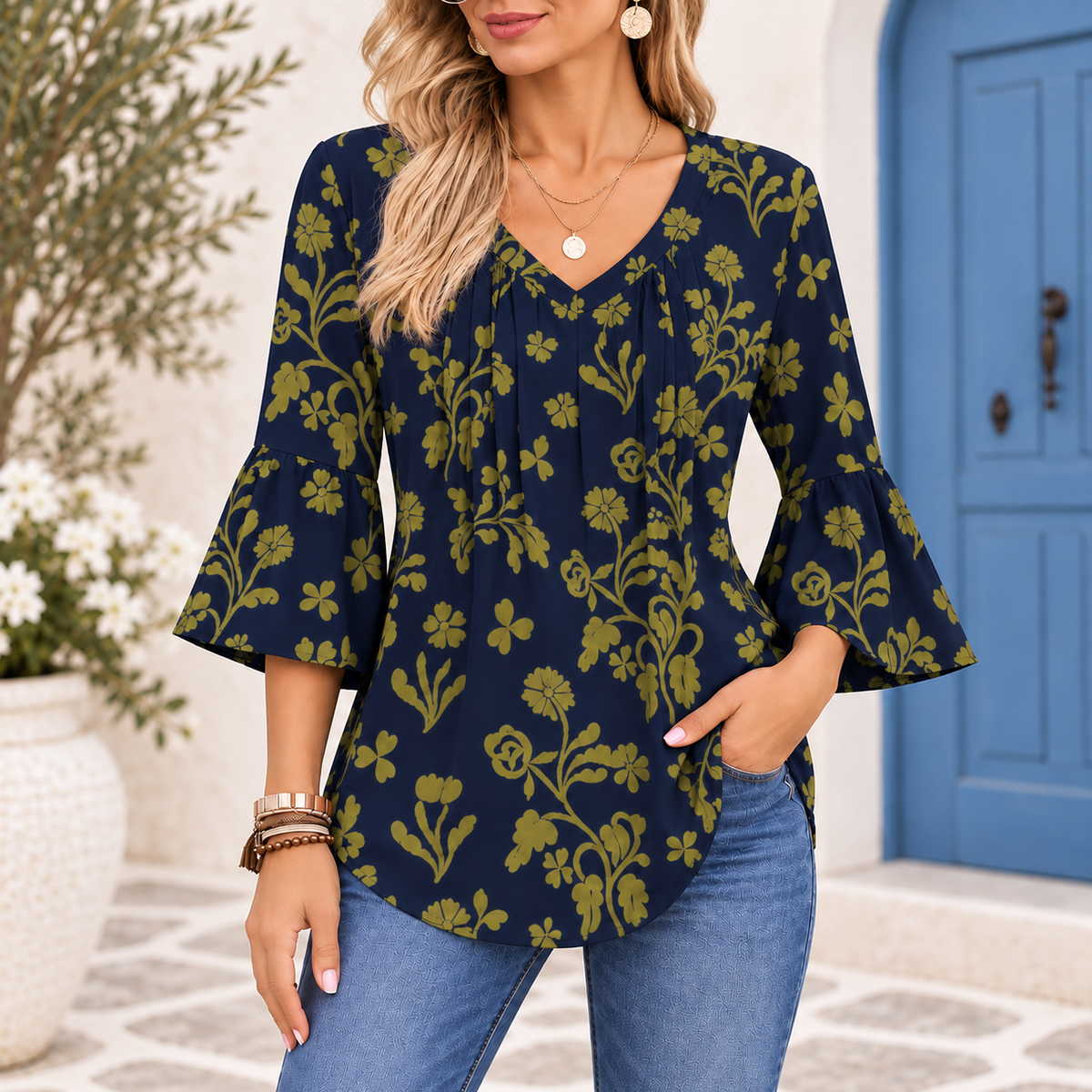Fay | Boho floral print blouse navy bell sleeve 1