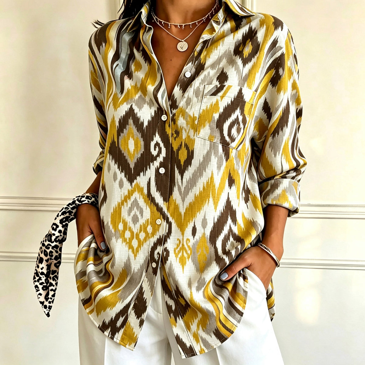 Jacqueline | Yellow ikat print shirt 1