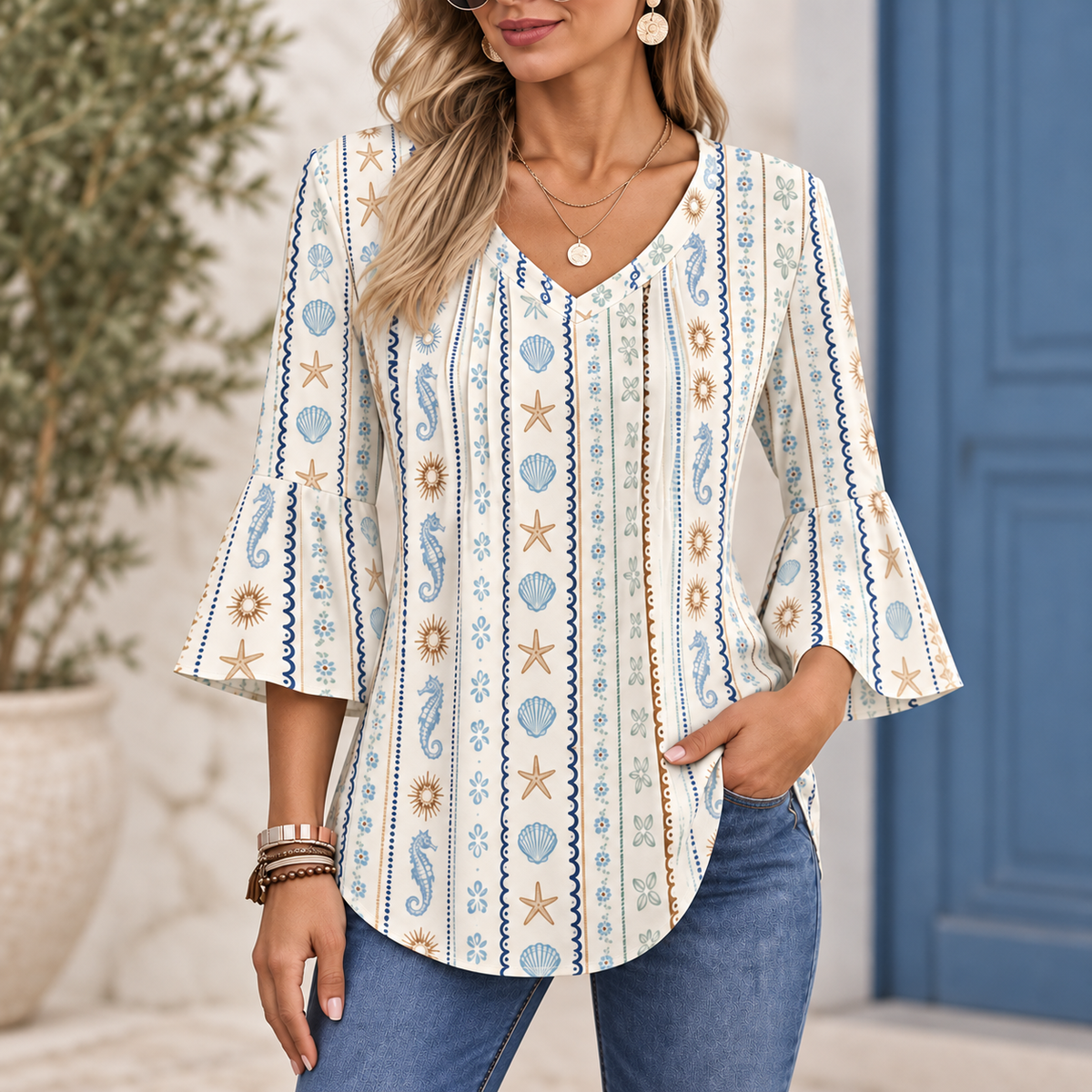Evelyn | Coastal sea life print blouse bell sleeve 1