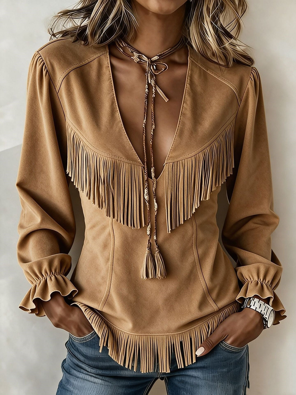 Olive | Western-style fitted fringe top 2