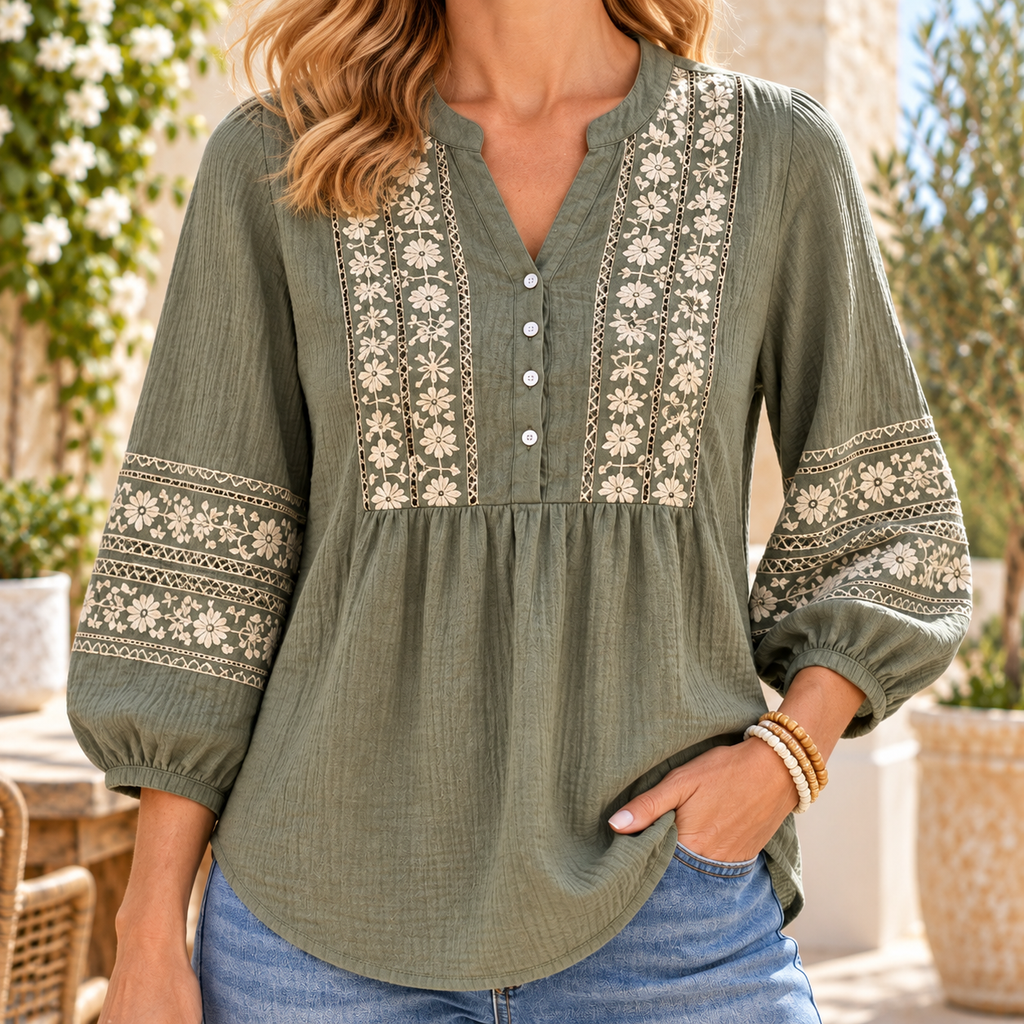 Christine | Boho floral embroidered blouse sage green 1