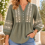 Christine | Boho floral embroidered blouse sage green 1