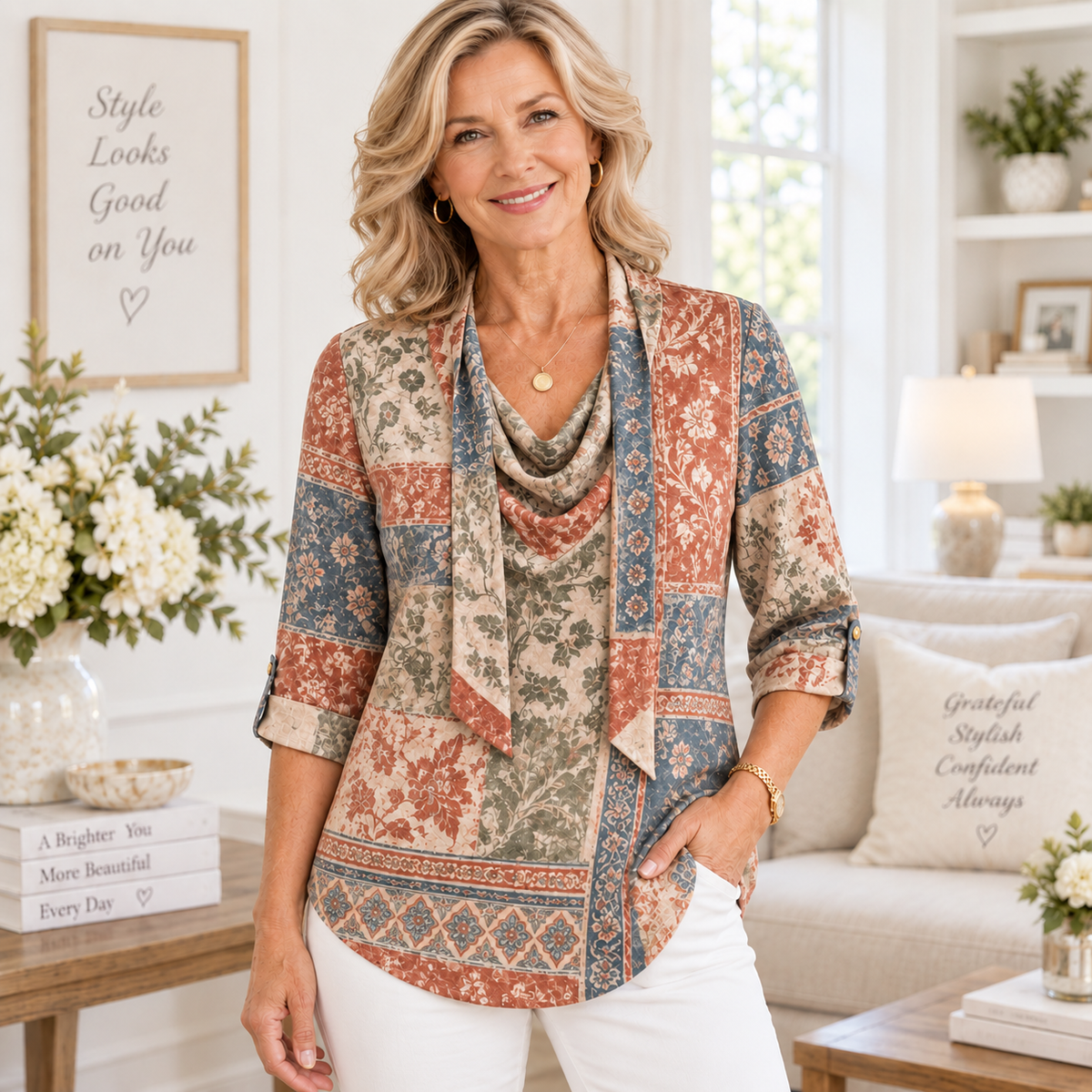 Dora | Vintage patchwork tunic cowl neck 3/4 sleeve 2