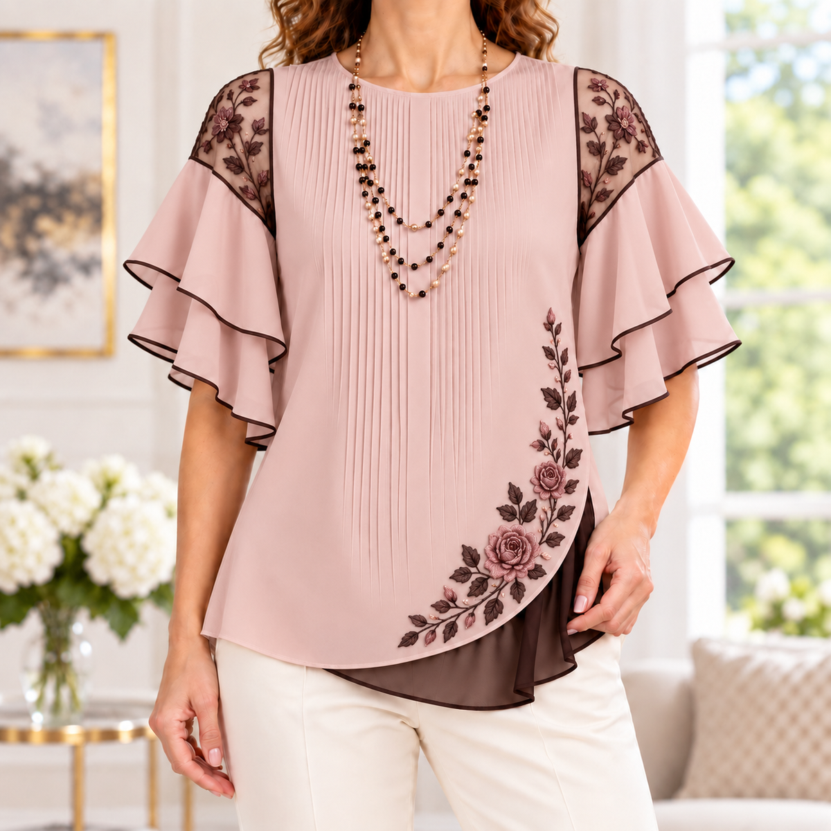 Adriana | Blush embroidered blouse flutter sleeve 1