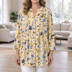 Dana | Yellow blue floral pleated button notch neck top 1