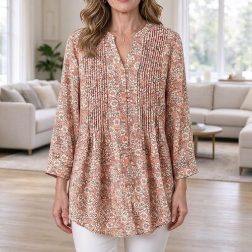 Delia | Floral pleated V-neck button notch shirt 2