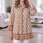 Dolores | Beige floral print button down border hem top 1