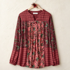 Darcy | Burgundy floral patchwork pleated button notch neck top 2