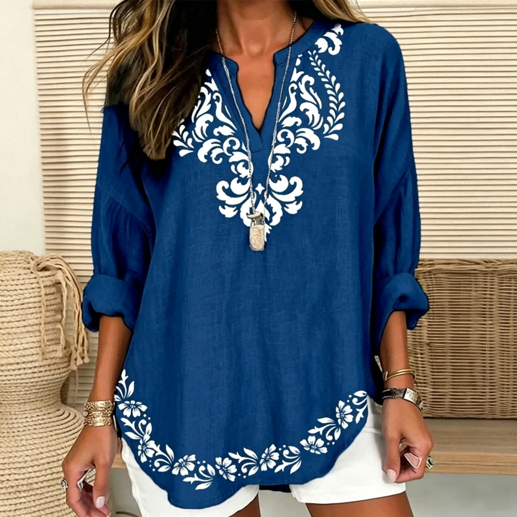 Julia | Damask & floral print split V-neck tunic 1