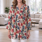Daphne | Cream red floral pleated button notch neck top 1