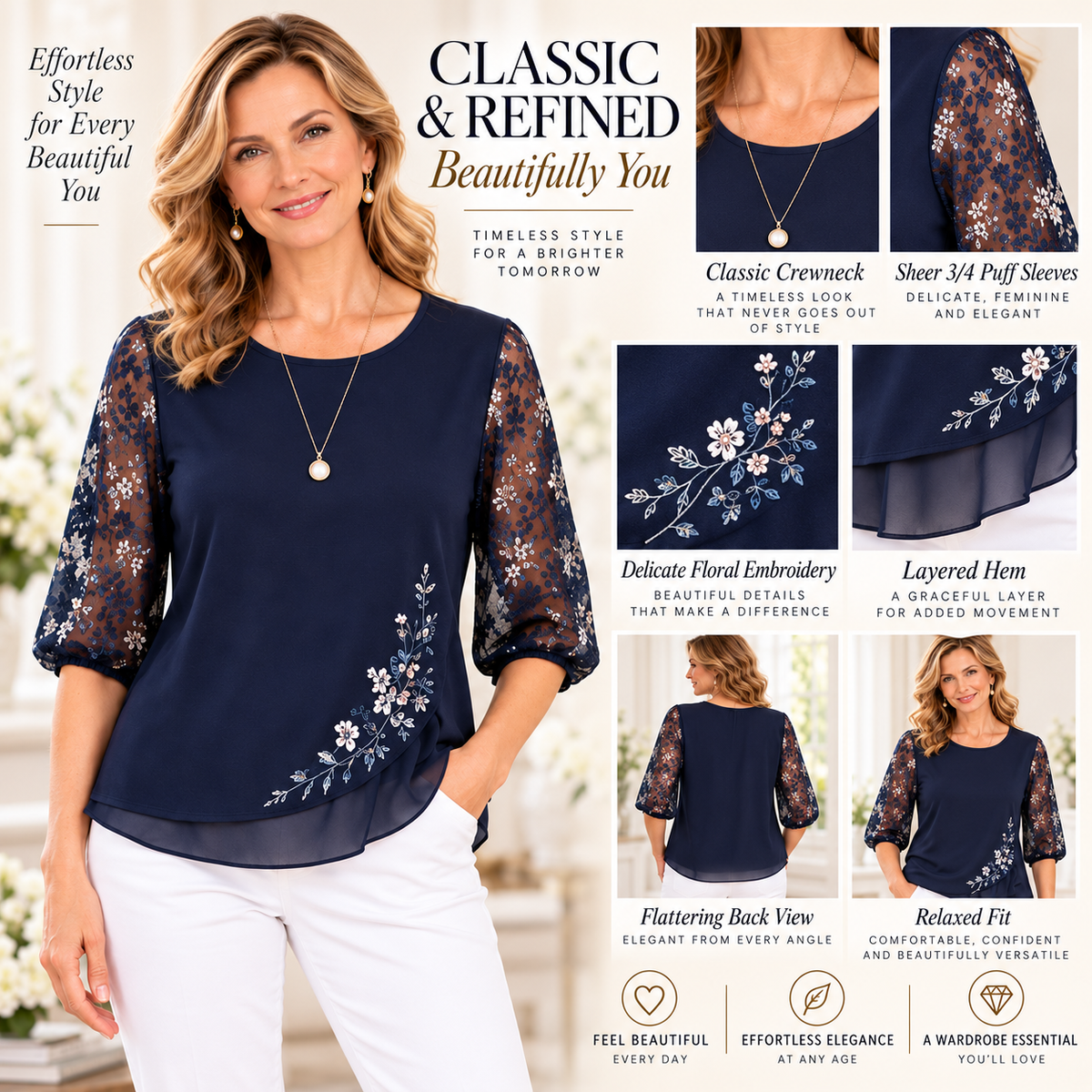 Chantal | Navy embroidered blouse sheer puff sleeve 4