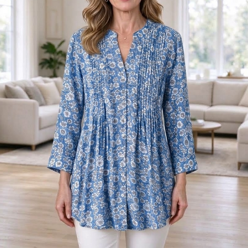 Delia | Floral pleated V-neck button notch shirt 1