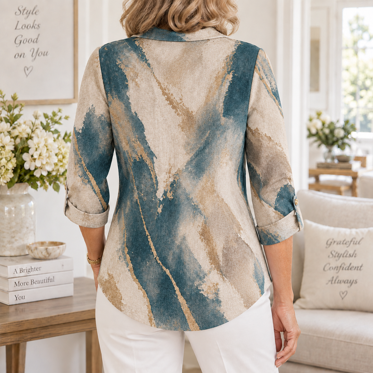 Donna | Teal abstract tunic cowl neck 3/4 sleeve 3