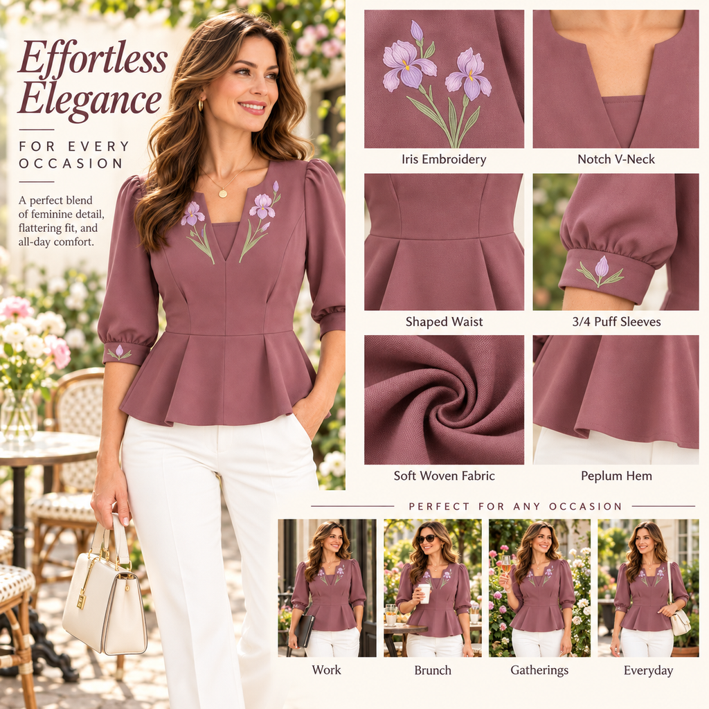 Monica | Floral embroidered peplum top mauve 3/4 sleeve 4